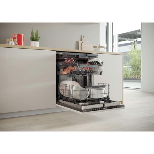 Hoover H-DISH 700 Fully Integrated Standard Dishwasher - Black with Fixed Door Hinge Kit - Dishwasher with door open in kitchen shot